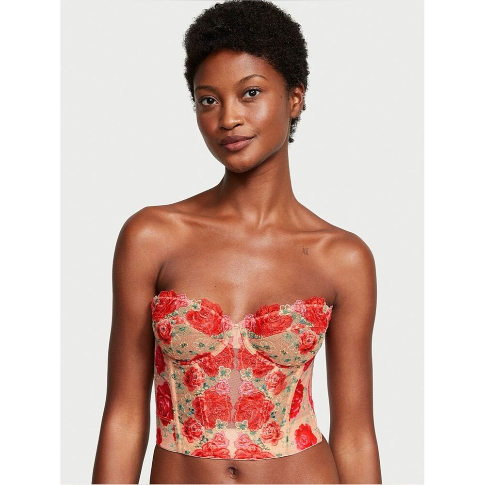 Victoria's Secret Tomato Red Embroidered Illuminating Blooms Corset Bra Top 34B